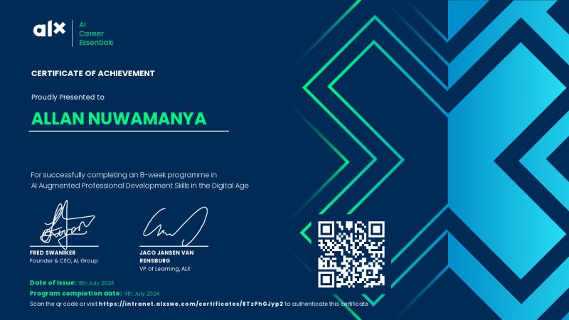 ALX AI Career Essentials certificate of achievement for an 8-week programme in AI Augmented Professional Development Skills in the Digital Age, issued 8 July 2024.