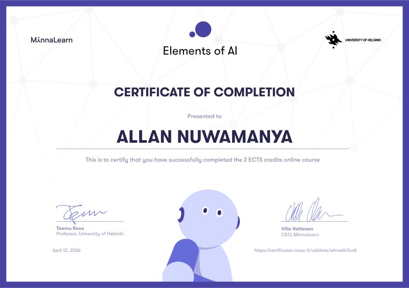 Elements of AI certificate of completion for a 2 ECTS credits online course, issued by the University of Helsinki and MinnaLearn on 12 April 2026.